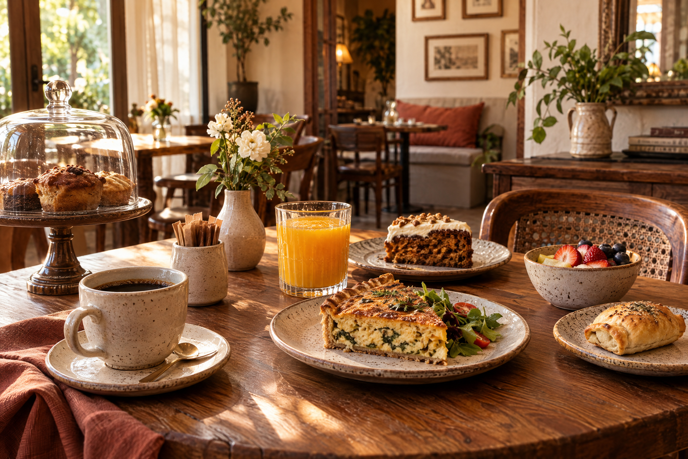 Mesa de café da manhã com quitutes e bebidas